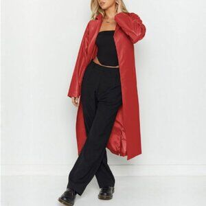 Women's Open Front PU Leather Belted Trench Coat - Red M - Streetwear Glamoratti